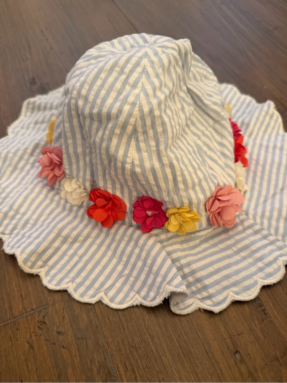 Baby Boden Blue & White Striped Sun Hat with Multicolor Floral Trim